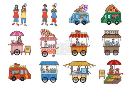 Illustration for Hand Drawn street food restaurant collection in flat style illustration for business ideas isolated on background - Royalty Free Image