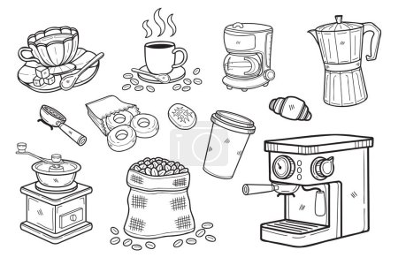 Ilustración de Colección de equipos de café dibujado a mano en ilustración de estilo plano para ideas de negocios aisladas sobre fondo - Imagen libre de derechos