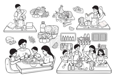 Téléchargez les illustrations : Collection de cuisine familiale dessinée à la main en illustration de style plat pour idées d'affaires isolées sur fond - en licence libre de droit