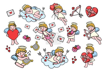 Téléchargez les illustrations : Collection Cupidon dessinée à la main en illustration de style plat pour idées d'affaires isolées sur fond - en licence libre de droit