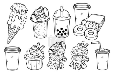 Ilustración de Colección de dulces y postres dibujados a mano en ilustración de estilo plano para ideas de negocios aisladas sobre fondo - Imagen libre de derechos