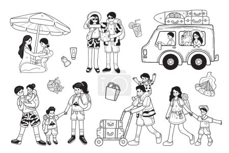 Téléchargez les illustrations : Collection de voyageurs en plein air dessinée à la main en illustration de style plat pour idées d'affaires isolées sur fond - en licence libre de droit