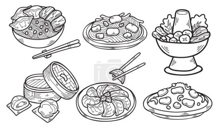 Téléchargez les illustrations : Collection de nourriture chinoise dessinée à la main en illustration de style plat pour des idées d'affaires isolées sur fond - en licence libre de droit