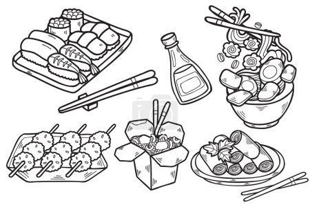 Colección de comida china dibujada a mano en ilustración de estilo plano para ideas de negocios aisladas sobre fondo