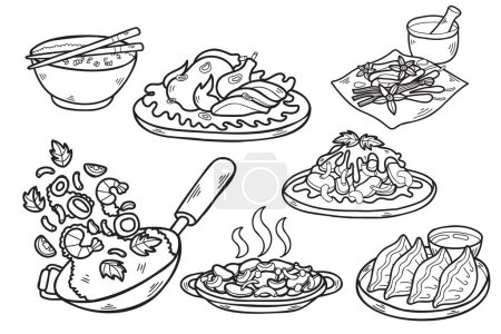 Colección de comida china dibujada a mano en ilustración de estilo plano para ideas de negocios aisladas sobre fondo