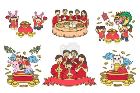 Téléchargez les illustrations : Collection chinoise enfants et famille dessinée à la main en illustration de style plat pour des idées d'affaires isolées sur fond - en licence libre de droit