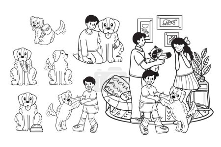 Téléchargez les illustrations : Collection de chiens et de familles Golden retriever dessinée à la main en illustration de style plat pour des idées d'affaires isolées sur fond - en licence libre de droit