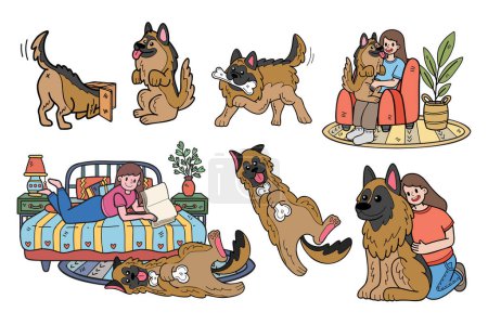 Téléchargez les illustrations : Berger allemand dessiné à la main Collection chien et famille en illustration de style plat pour idées d'affaires isolées sur fond - en licence libre de droit