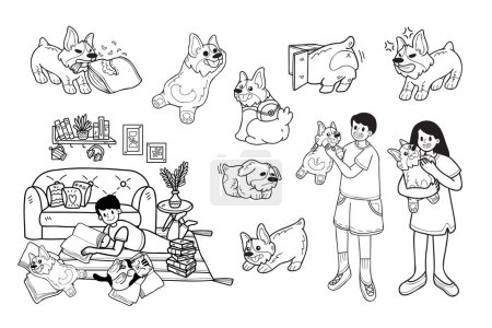 Ilustración de Colección de perro y familia dibujada a mano en ilustración de estilo plano para ideas de negocios aisladas sobre fondo - Imagen libre de derechos