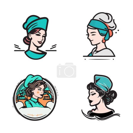 Téléchargez les illustrations : Logo de chef femme vintage dessiné à la main dans un style d'art plat isolé sur fond - en licence libre de droit