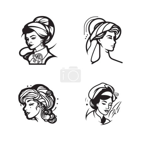 Illustration for Hand Drawn vintage female chef logo in flat line art style isolated on background - Royalty Free Image