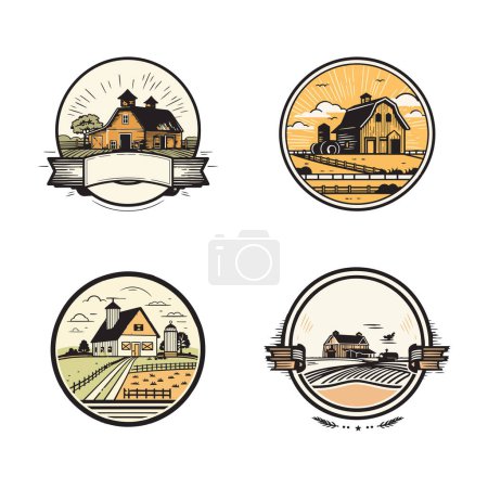 Ilustración de Logotipo de casa de granja vintage dibujado a mano en estilo de arte de línea plana aislado en fondo - Imagen libre de derechos