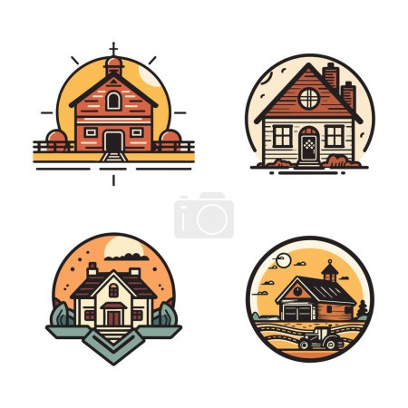 Illustration for Hand Drawn vintage farm house logo in flat line art style isolated on background - Royalty Free Image