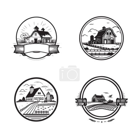 Téléchargez les illustrations : Logo de ferme vintage dessiné à la main dans un style d'art plat isolé sur fond - en licence libre de droit