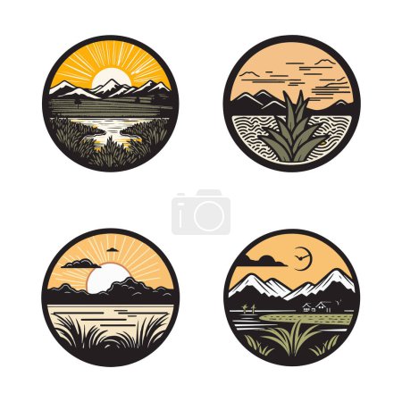 Téléchargez les illustrations : Logo nature et champs vintage dessiné à la main dans un style d'art plat isolé sur fond - en licence libre de droit