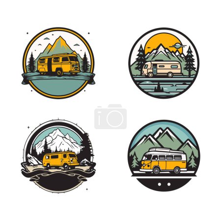 Illustration for Hand Drawn vintage camping van logo in flat line art style isolated on background - Royalty Free Image