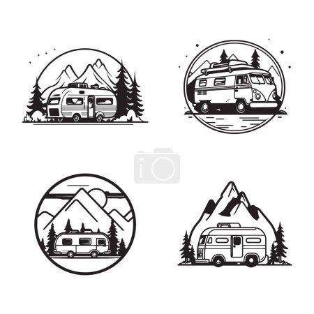 Téléchargez les illustrations : Logo de camping van vintage dessiné à la main dans un style d'art plat isolé sur fond - en licence libre de droit
