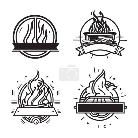 Téléchargez les illustrations : Feu vintage dessiné à la main avec logo barbecue en style art plat isolé sur fond - en licence libre de droit