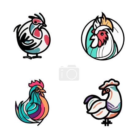 Téléchargez les illustrations : Logo de poulet vintage dessiné à la main dans un style d'art plat isolé sur fond - en licence libre de droit