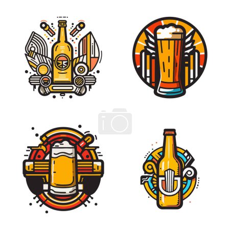 Téléchargez les illustrations : Logo de bière vintage dessiné à la main dans un style d'art plat isolé sur fond - en licence libre de droit