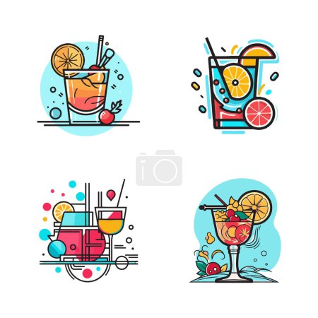 Illustration for Hand Drawn vintage cocktail logo in flat line art style isolated on background - Royalty Free Image