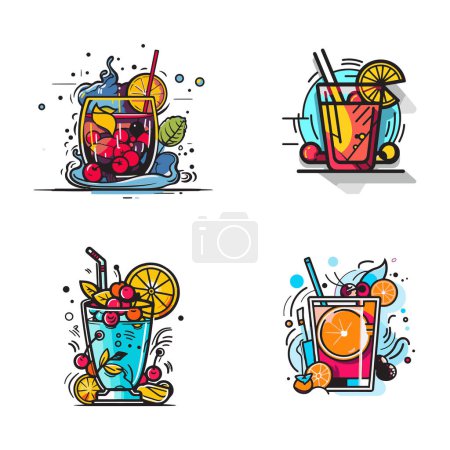 Téléchargez les illustrations : Logo cocktail vintage dessiné à la main en style art plat isolé sur fond - en licence libre de droit