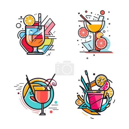 Téléchargez les illustrations : Logo cocktail vintage dessiné à la main en style art plat isolé sur fond - en licence libre de droit