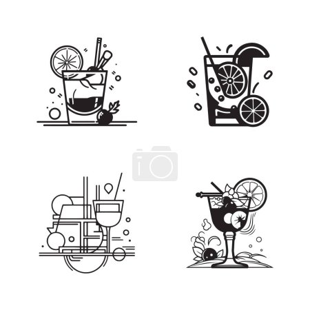 Illustration for Hand Drawn vintage cocktail logo in flat line art style isolated on background - Royalty Free Image