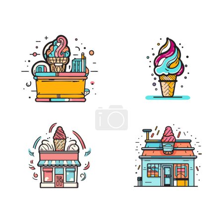 Téléchargez les illustrations : Logo de magasin de crème glacée vintage dessiné à la main dans un style d'art plat isolé sur fond - en licence libre de droit