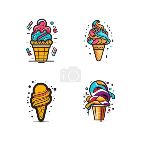 Ilustración de Logotipo de la tienda de helados vintage dibujado a mano en estilo de arte de línea plana aislado sobre fondo - Imagen libre de derechos