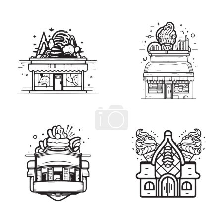 Illustration for Hand Drawn vintage ice cream shop logo in flat line art style isolated on background - Royalty Free Image