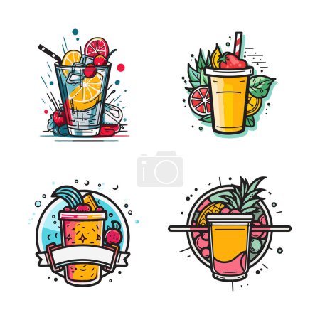 Ilustración de Logotipo de fruta y jugo vintage dibujado a mano en estilo de arte de línea plana aislado sobre fondo - Imagen libre de derechos
