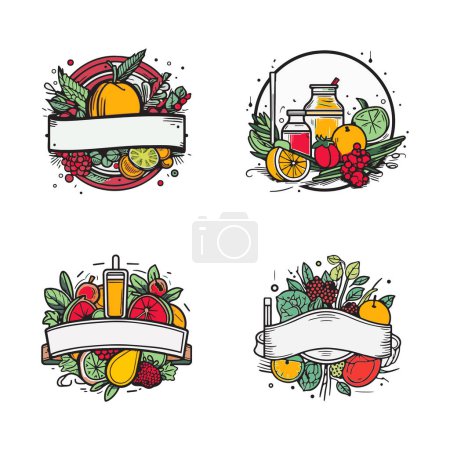 Téléchargez les illustrations : Logo vintage de fruits et jus dessiné à la main dans un style d'art plat isolé sur fond - en licence libre de droit