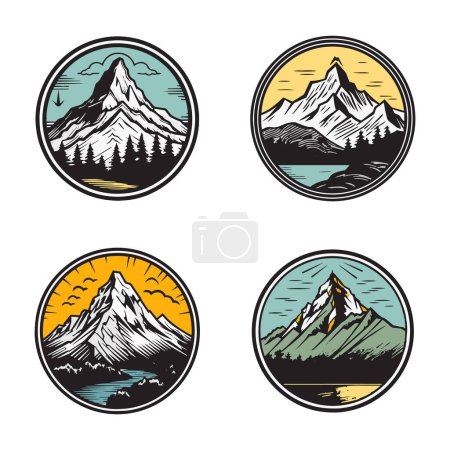 Illustration for Hand Drawn vintage mountain logo in flat line art style isolated on background - Royalty Free Image