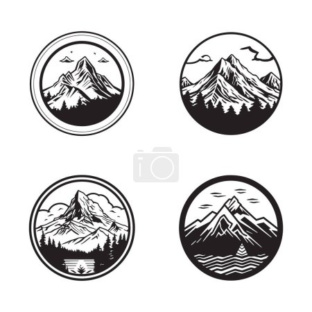 Ilustración de Logotipo de montaña vintage dibujado a mano en estilo de arte de línea plana aislado sobre fondo - Imagen libre de derechos