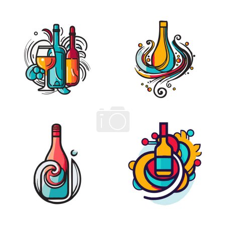 Illustration for Hand Drawn vintage wine bottle logo in flat line art style isolated on background - Royalty Free Image