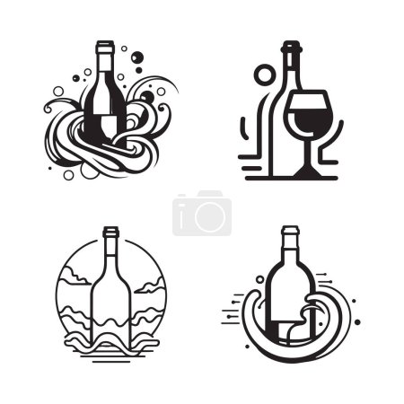 Téléchargez les illustrations : Logo de bouteille de vin vintage dessiné à la main dans un style d'art plat isolé sur fond - en licence libre de droit
