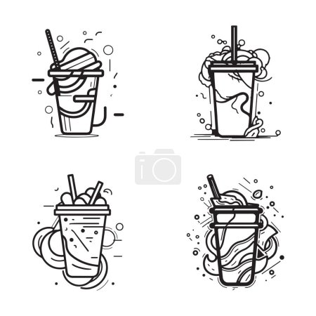 Téléchargez les illustrations : Logo milkshake vintage dessiné à la main dans un style d'art plat isolé sur fond - en licence libre de droit