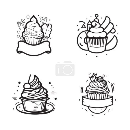 Téléchargez les illustrations : Logo de bonbons et gâteaux vintage dessinés à la main dans un style d'art plat isolé sur fond - en licence libre de droit