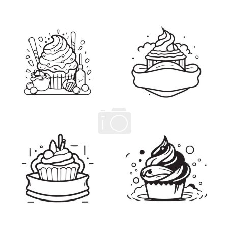 Téléchargez les illustrations : Logo de bonbons et gâteaux vintage dessinés à la main dans un style d'art plat isolé sur fond - en licence libre de droit