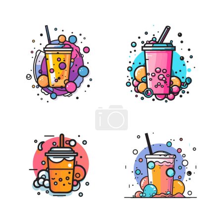 Hand Drawn vintage bubble milk tea logo in flat line art style isolated on background