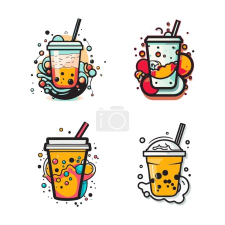 Téléchargez les illustrations : Logo de thé au lait à bulles vintage dessiné à la main dans un style d'art plat isolé sur fond - en licence libre de droit