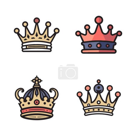 Téléchargez les illustrations : Logo de couronne vintage dessiné à la main dans un style d'art plat isolé sur fond - en licence libre de droit