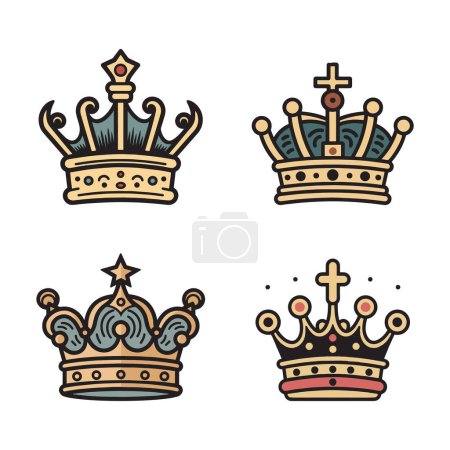 Téléchargez les illustrations : Logo de couronne vintage dessiné à la main dans un style d'art plat isolé sur fond - en licence libre de droit