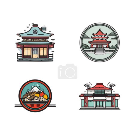 Illustration for Hand Drawn vintage Chinese or Japanese restaurant in flat line art style isolated on background - Royalty Free Image