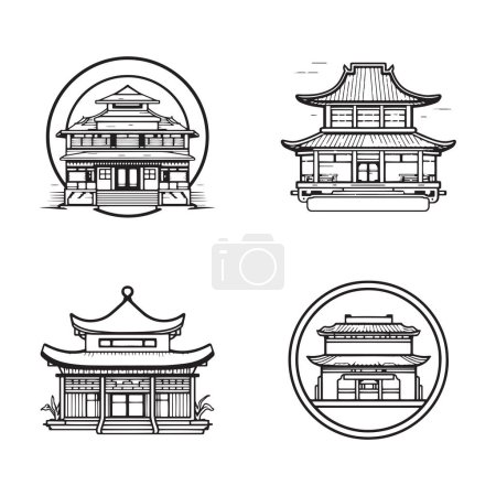 Téléchargez les illustrations : Restaurant chinois ou japonais vintage dessiné à la main dans un style d'art plat isolé sur fond - en licence libre de droit