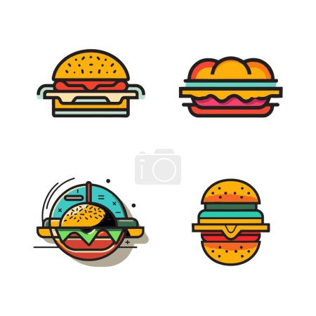 Téléchargez les illustrations : Logo de hamburger vintage dessiné à la main dans un style d'art plat isolé sur fond - en licence libre de droit