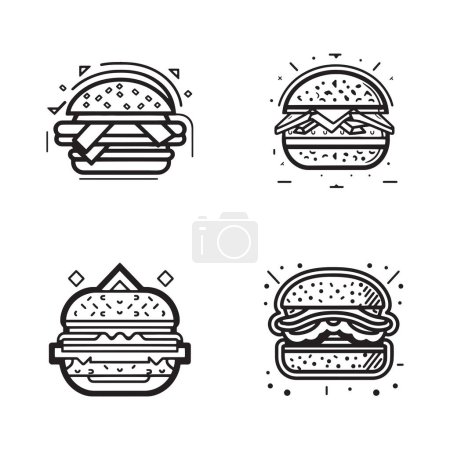 Téléchargez les illustrations : Logo de hamburger vintage dessiné à la main dans un style d'art plat isolé sur fond - en licence libre de droit