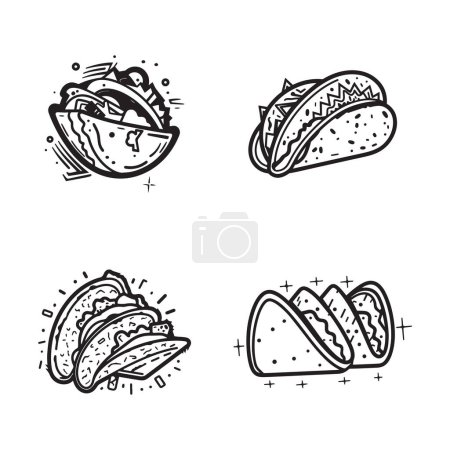 Téléchargez les illustrations : Logo Taco vintage dessiné à la main dans un style d'art plat isolé sur fond - en licence libre de droit