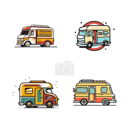 Téléchargez les illustrations : Logo vintage Food Truck dessiné à la main dans un style d'art plat isolé sur fond - en licence libre de droit
